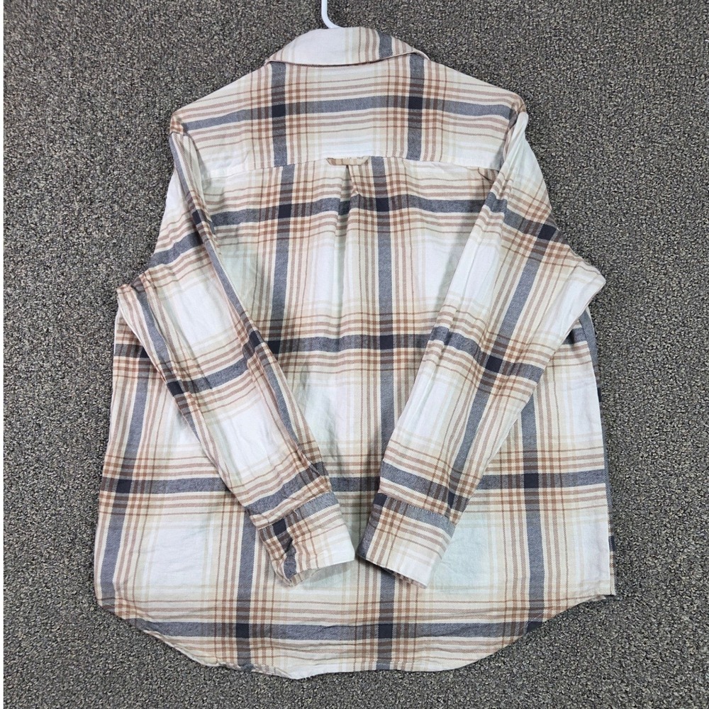 Old Navy‎ Flannel Shirt Womens Medium Cream Tan Plaid The Boyfriend Shirt Cotton